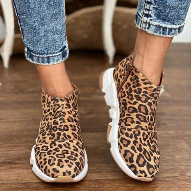Women Leopard Print Round Toe Side Zipper Ankle Boots