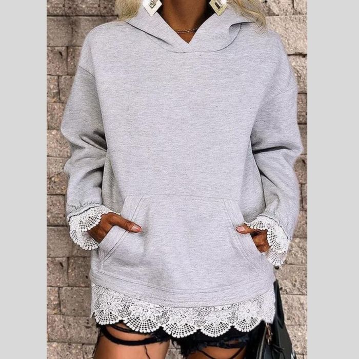 Women's New Solid Color Lace Trim Hooded Sweatshirt