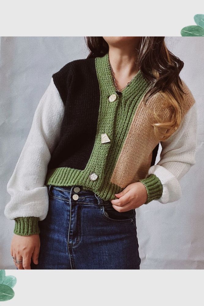 Women's Green Colorblock Striped Knit Cardigan