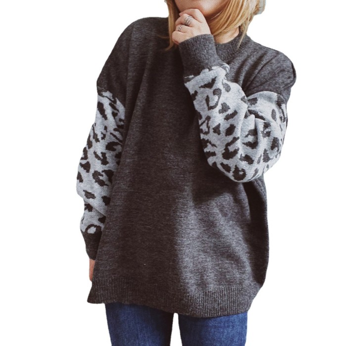 Femme New Arm Leopard Print Round Neck Knitted Sweaters