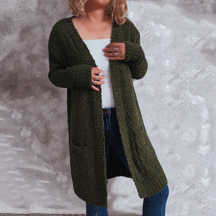 New Loose Thickened Pocket Long Sleeve Solid Color Cardigan