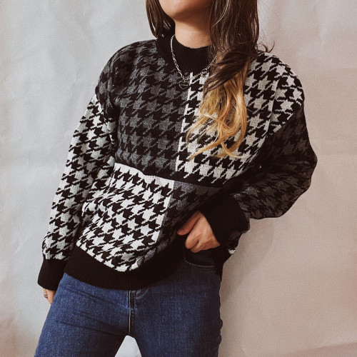 Vintage Plaid Color Patchwork Round Neck Loose Sweaters