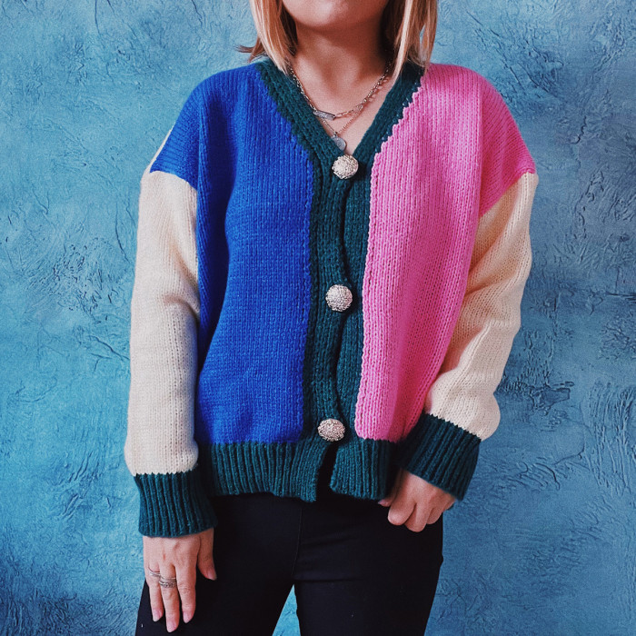 Women Casual Loose Color Contrast Knitted Cardigan