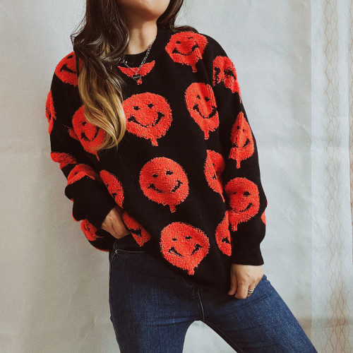 Woman Halloween Round Neck Cute Smile Print Sweaters