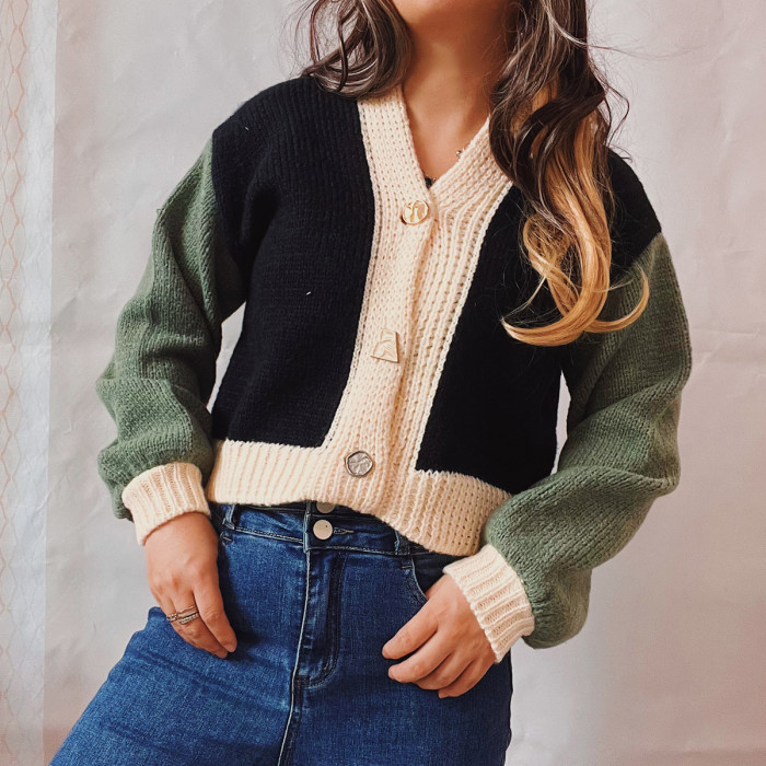 Women's Green Colorblock Striped Knit Cardigan