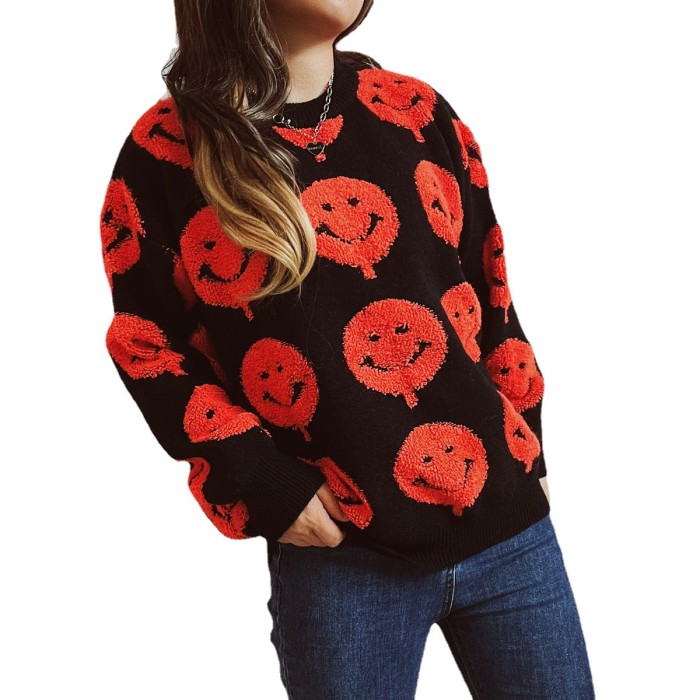 Halloween Round Neck Cute Smile Print Sweaters
