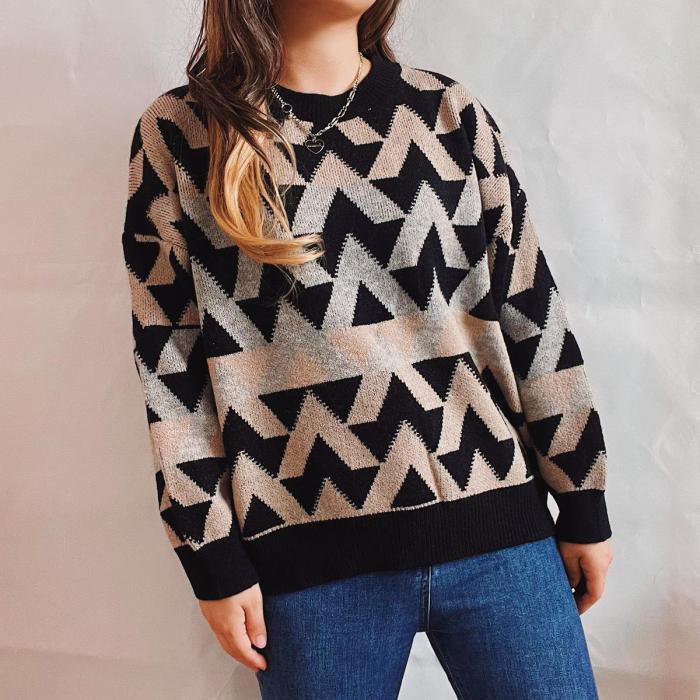 Women's Vintage Loose Geometry Print Knitted Sweaters