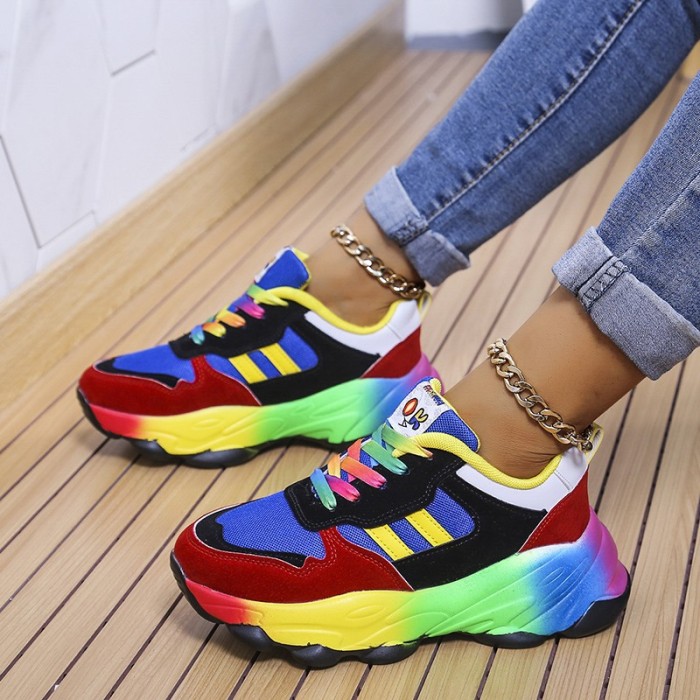 New Plus Size Round Toe Colorblock Lace-Up Platform Sneakers