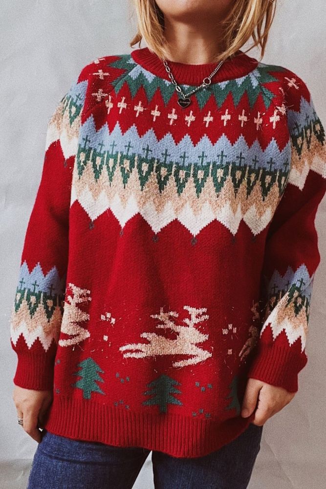 Woman Thicken Round Neck Elk Christmas Tree Pattern Pullover