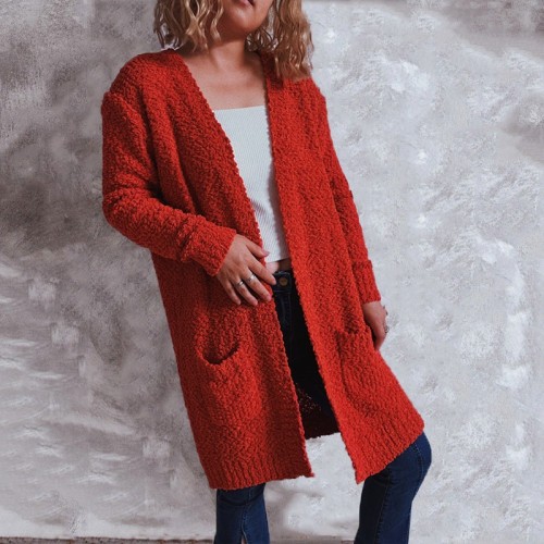 New Loose Thickened Pocket Long Sleeve Solid Color Cardigan