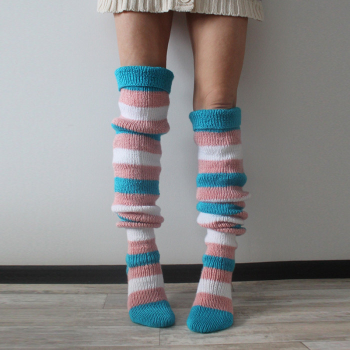 Women Vintage Colorful Striped Knitted Thigh High Tube Stockings