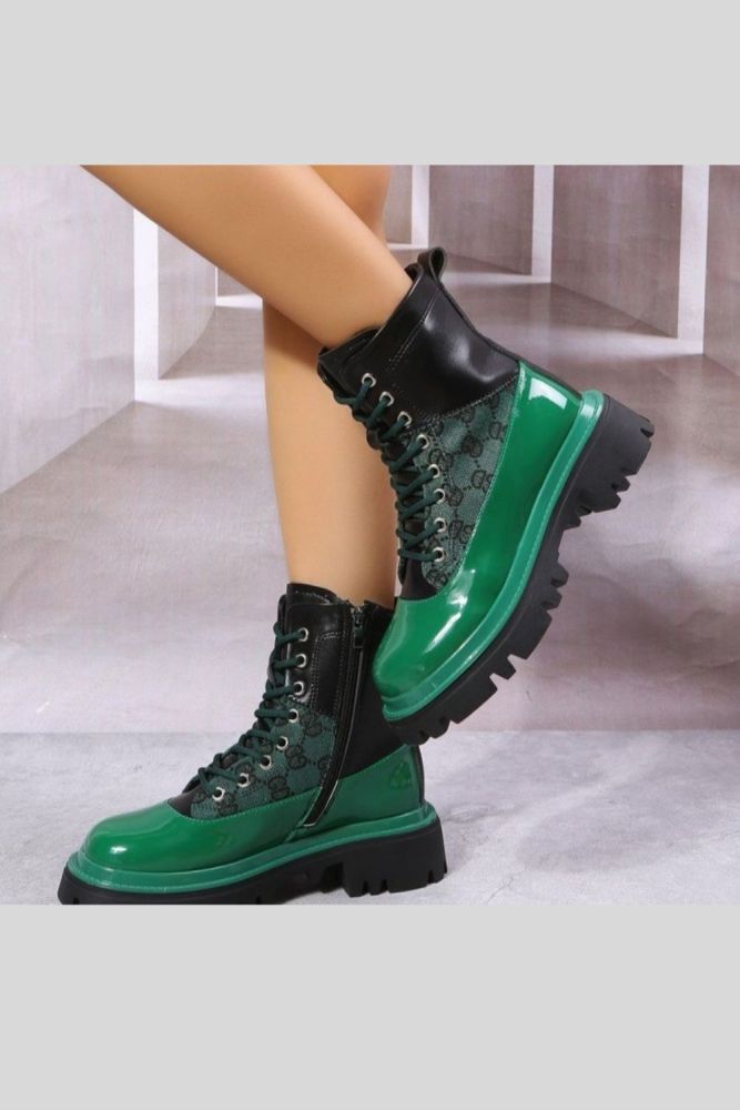 Women Thick Heels Plaid Leather Ankle Boots