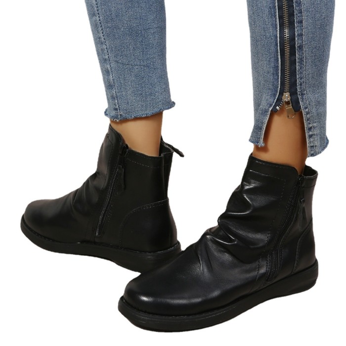 Women Fashion Pleated Side Zipper Flat Ankle Boots