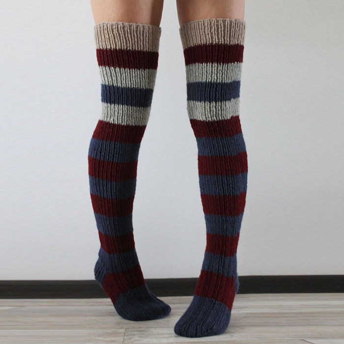 Women Vintage Colorful Striped Knitted Thigh High Tube Stockings