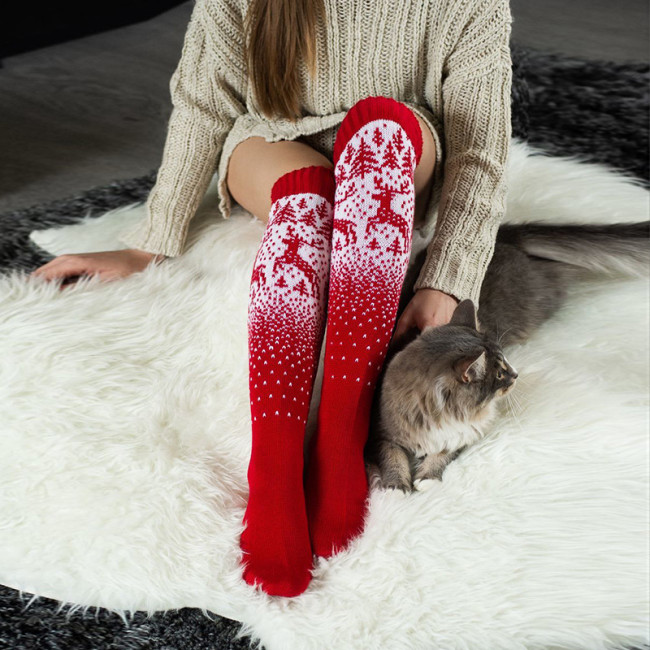 Women's New Christmas Elk Pattern Long Tube Over Knee Socks