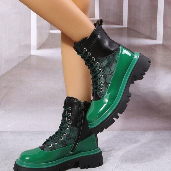 Women Thick Heels Plaid Leather Ankle Boots