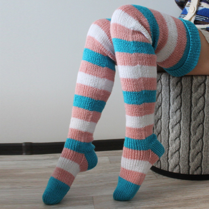 Women Vintage Colorful Striped Knitted Thigh High Tube Stockings