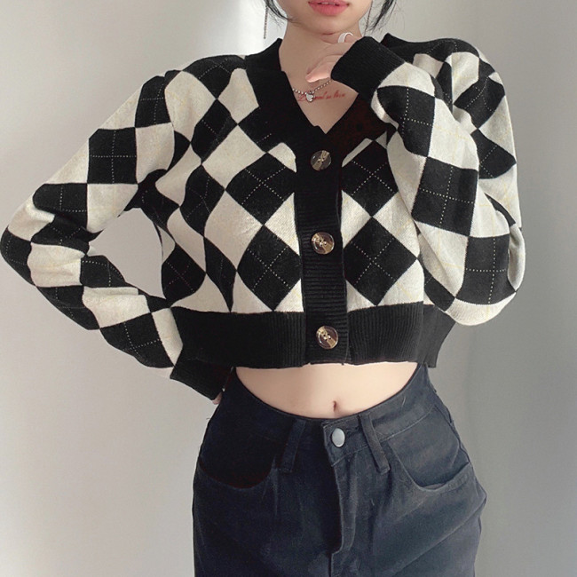 Women Fashion V Neck Plaid Print Crop Top Cardigan