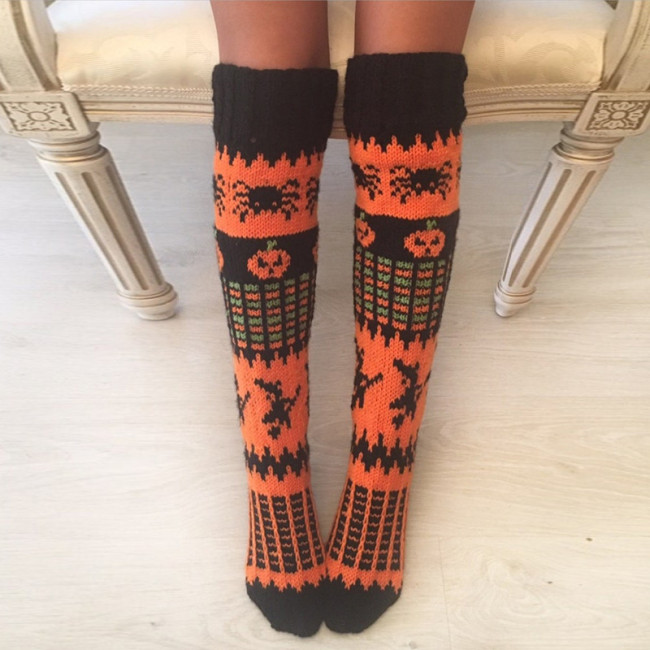 Women Halloween Cute Pumpkin Over Knee Long Socks