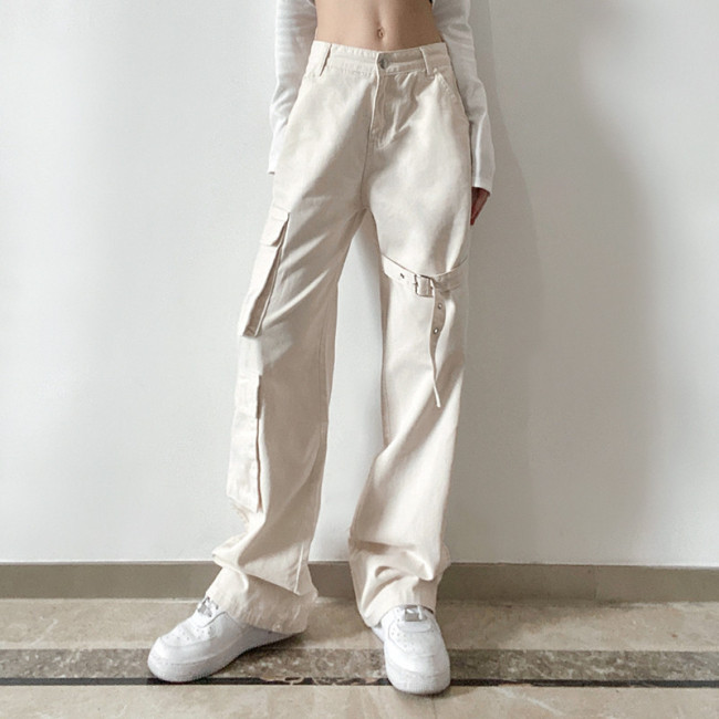 Women's Large Pocket Loose High Waist Straight Pants