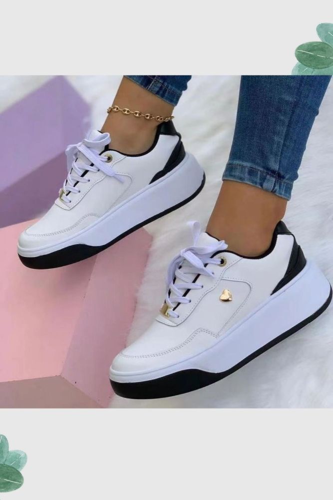 Women's Casual PU Round Toe Lace-Up Platform Sneakers