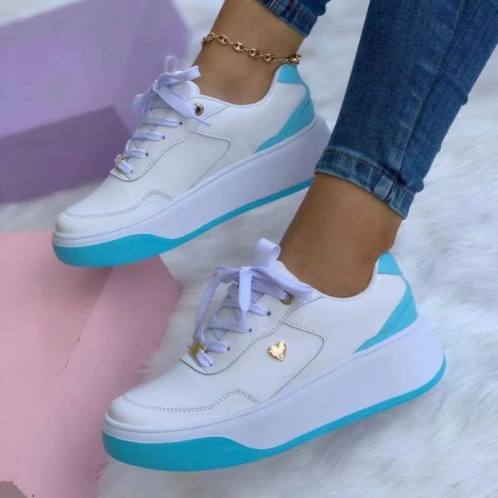 Women's Casual PU Round Toe Lace-Up Platform Sneakers