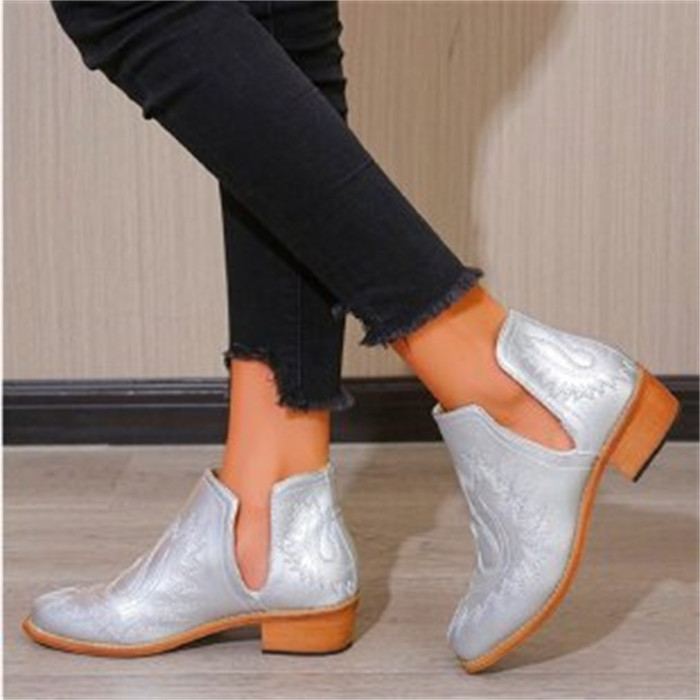 Women's Fashion Embroidered Chunky Heel Vintage Boots