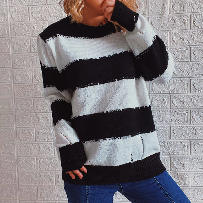 New Round Neck Long Sleeve Worn Hole Striped Sweaters