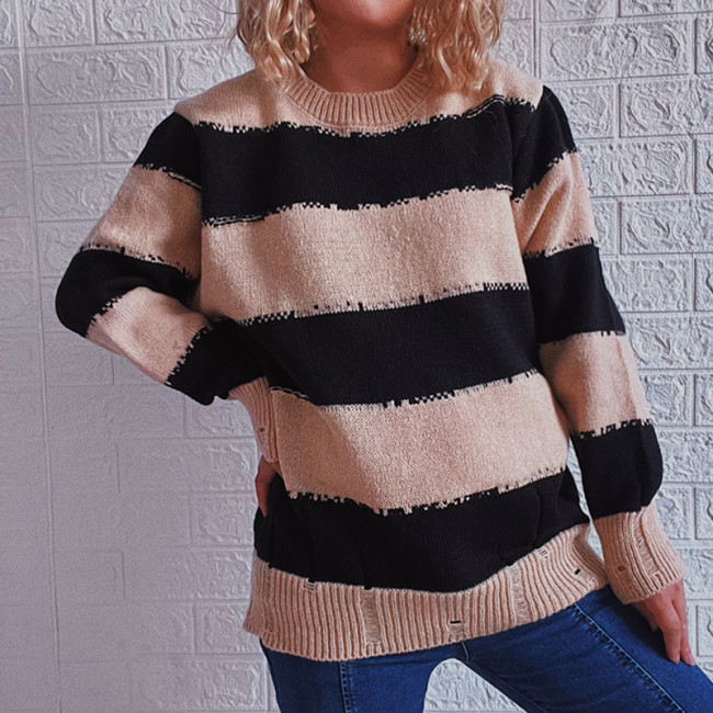 New Round Neck Long Sleeve Worn Hole Striped Sweaters