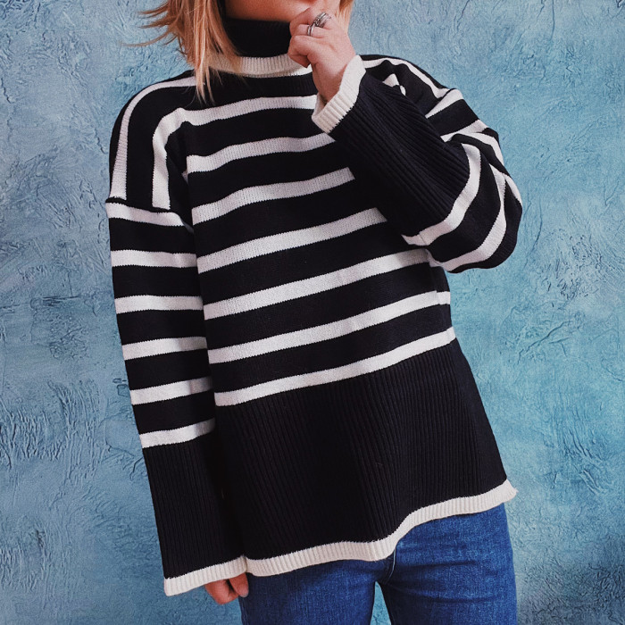 Women Turtleneck Flared Sleeve Stripe Loose Sweaters