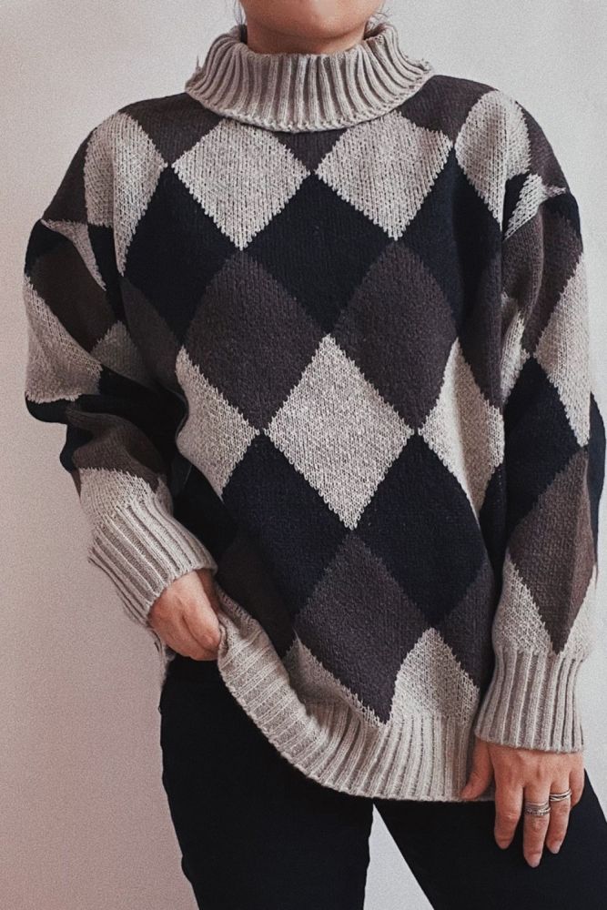 New Vintage Turtleneck Geometric Pattern Loose Knit Sweater