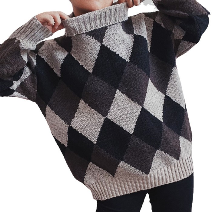 New Vintage Turtleneck Geometric Pattern Loose Knit Sweater