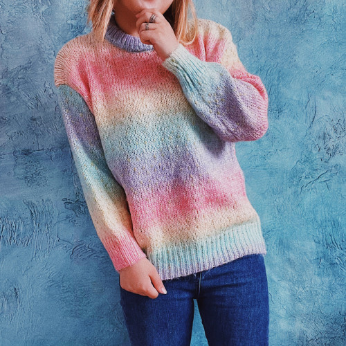 Woman Slim Rainbow Gradient O-neck Long Sleeve Sweaters