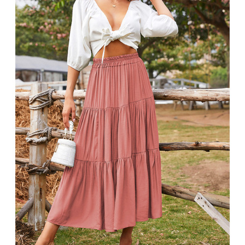 Women's Casual Solid Color Elastic Waist Panel Ruffle Skirts