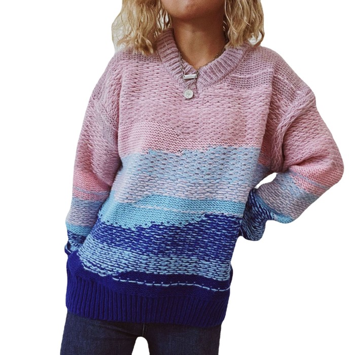 New V-Neck Long Sleeve Irregular Gradient Knit Sweater