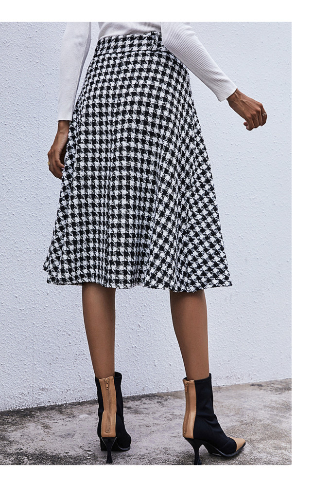 Women Vintage Vertical Stripes Houndstooth High Waist Skirts