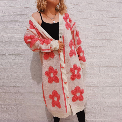 Woman New Printed V-Neck Single Breasted Long Cardigan