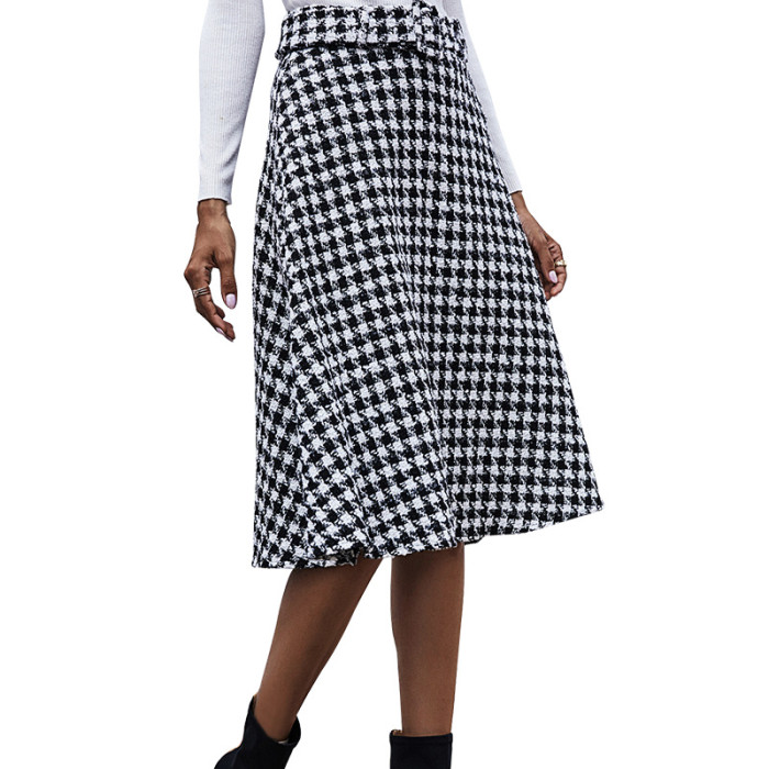 Women Vintage Vertical Stripes Houndstooth High Waist Skirts