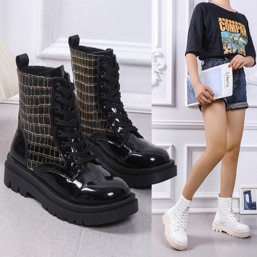 Women Leather Thick-Soled Lace-Up Ankle Boots