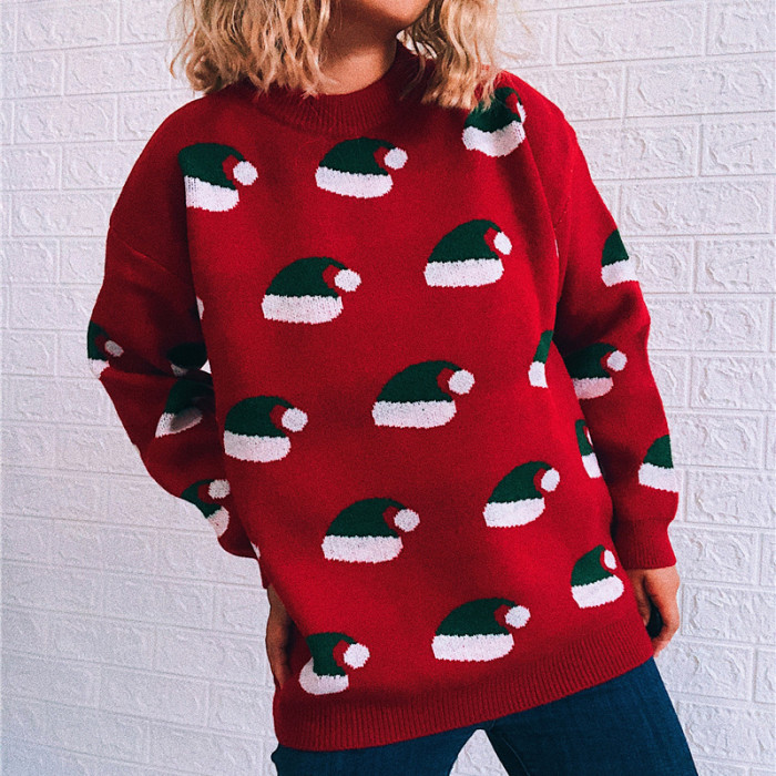 Women Christmas Print Knitted O Neck Warm Casual Sweaters