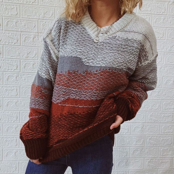 New V-Neck Long Sleeve Irregular Gradient Knit Sweater