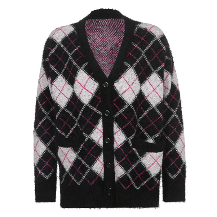 New Preppy Geometric Loose V-Neck Cardigan