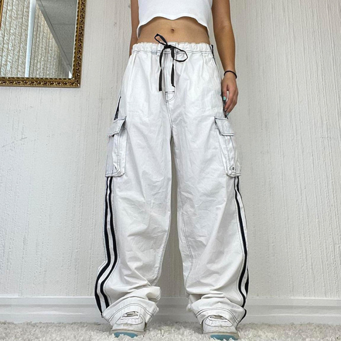 y2k Fashion Streetwear Side Stripe Pockets Cargo Baggy Pants