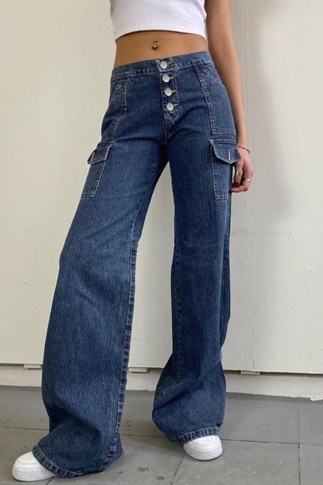 Fashion Retro Low Waist Pocket Button Slim Fit Jeans