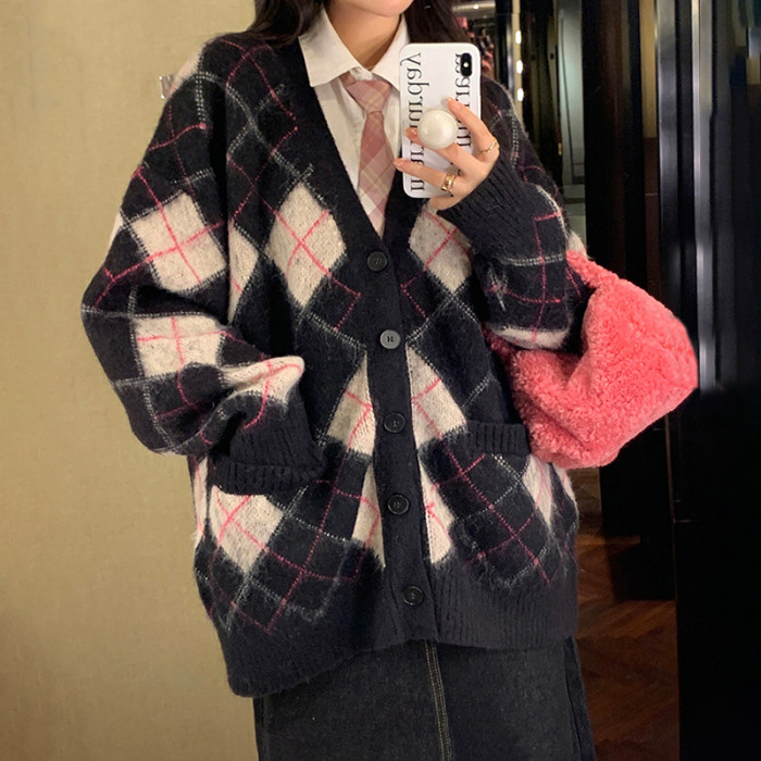 New Preppy Geometric Loose V-Neck Cardigan