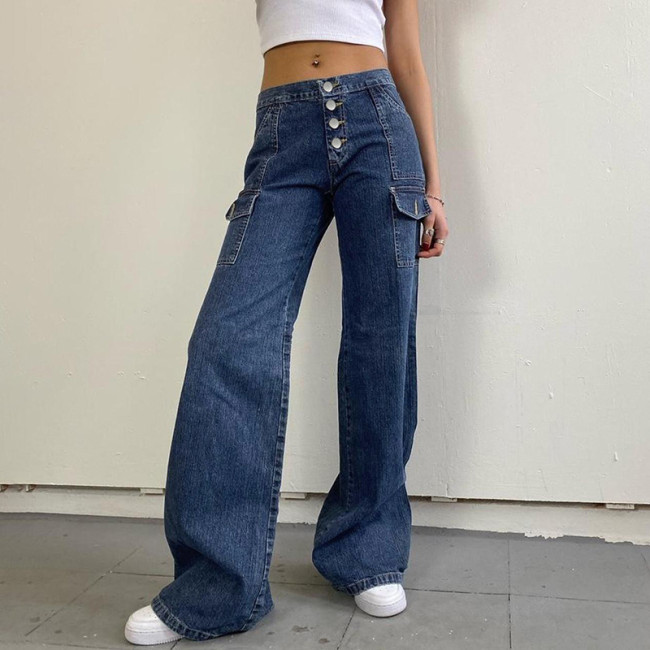 Fashion Retro Low Waist Pocket Button Slim Fit Jeans