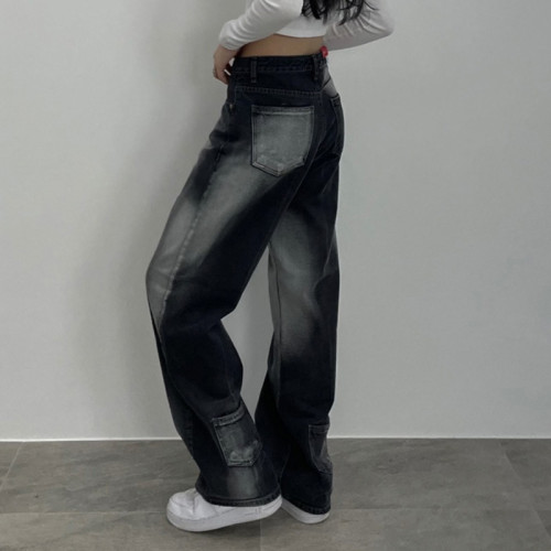 Fashion Dyeing High Waist Loose Straight Wide Leg Jeans