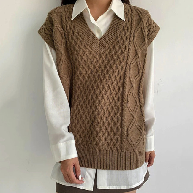 Women Knitted V Neck Twisted Casual Loose Sweater Vest