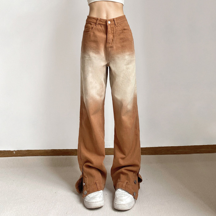 Vintage Brown Gradient High Waist Straight Jeans