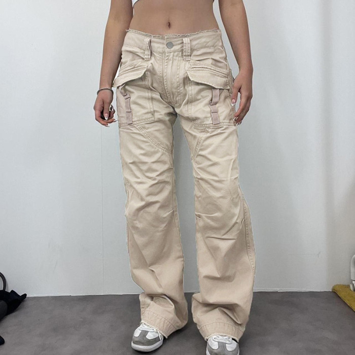 Women's Fashion Low Waist Raw Edge Big Pocket Pants